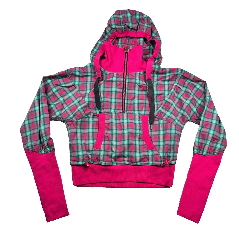 Lululemon Jacket Womens 8 Scuba Cropped Anorak 1/2 Zip Plaid Pink Hoodie